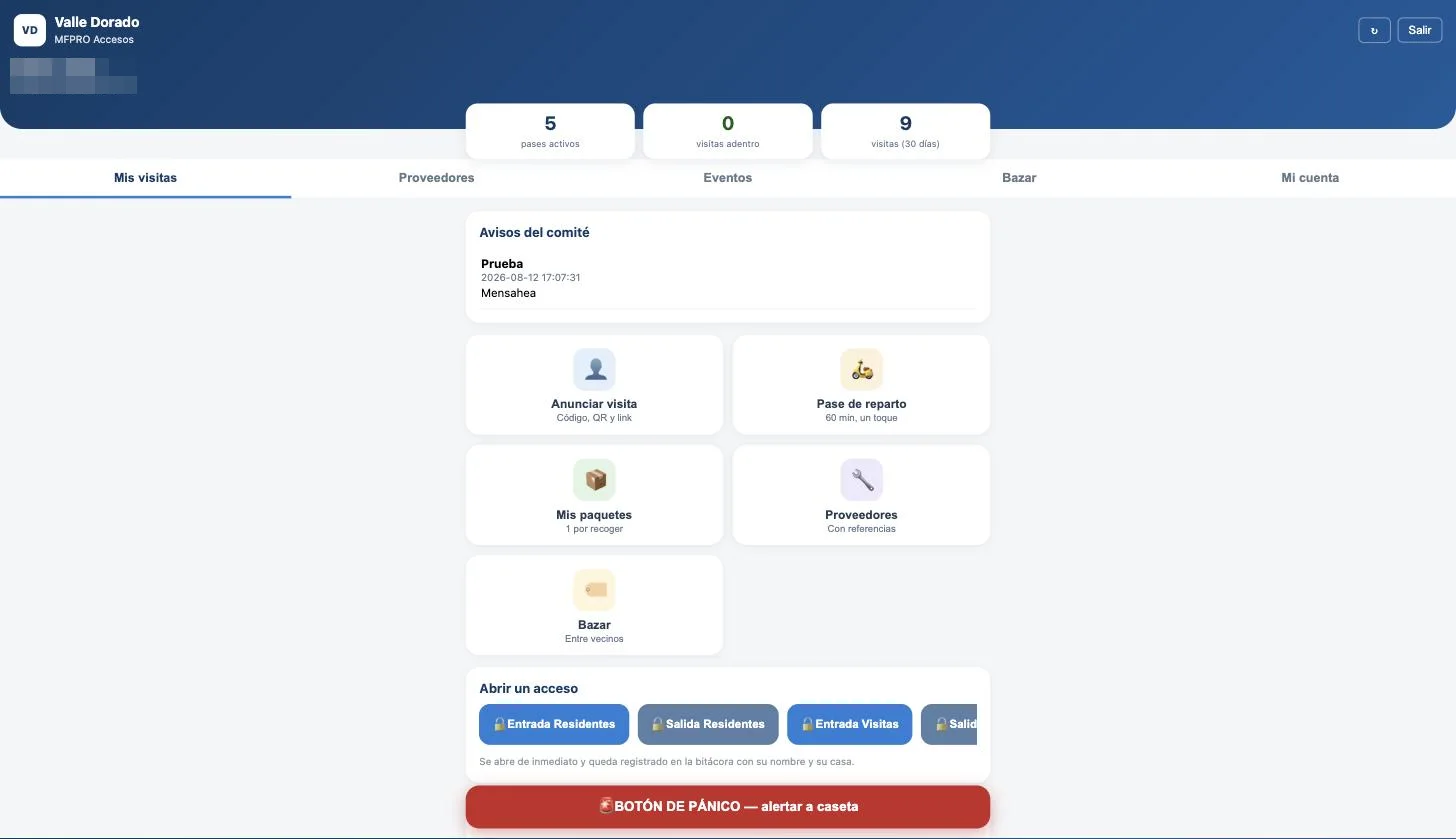Panel del residente en la app para visitas del fraccionamiento
